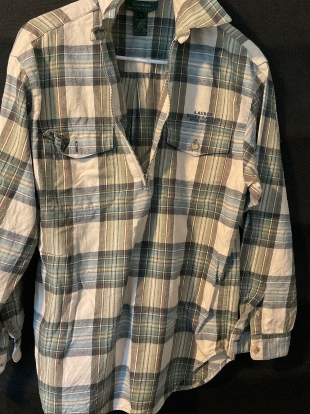 Ralph Lauren Green, Blue & Cream Plaid Half-Zip Button-Front Shirt